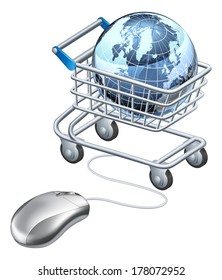 Globe computer mouse shopping cart, shopping cart containing globe and computer mouse. Concept for internet shopping or similar
