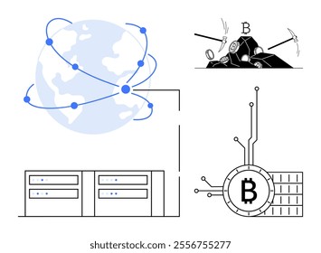 Globe connected by dots, a pickaxe mining Bitcoin, servers and a Bitcoin symbol with lines connected to it. Ideal for blockchain, cryptocurrency, decentralized finance, digital transactions, global