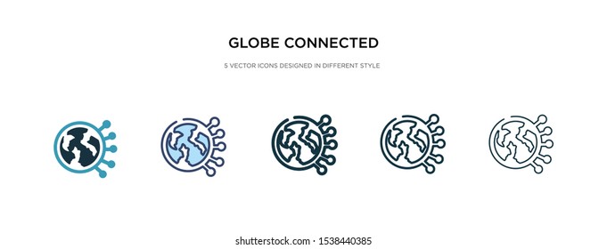 globe connected circuit icon in different style vector illustration. two colored and black globe connected circuit vector icons designed in filled, outline, line and stroke style can be used for