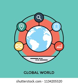 A globe is connected to multiple social hubs depicting internet of things 