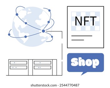 Globe with connected points, NFT card, servers, and shop sign in flat style. Ideal for technology, e-commerce, blockchain, digital art, marketing. Simplistic representation with a modern feel