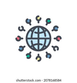 Globe connection color line icon. Planet with pointers vector outline colorful sign.
