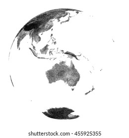 Globe with continental relief - vector stippled illustration. Views of Australia