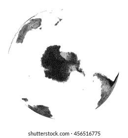 Globe with continental relief - vector stippled illustration. Views of South Pole