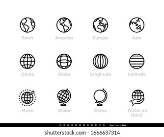 Globe and Continents Editable Line Icons Set.