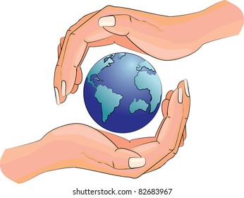 globe with the continents and oceans in the hands of a man