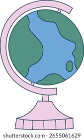 Ein Globus mit Kontinenten und Ozeanen auf einem Stand im Cartoon-Stil. Die kugelförmige Karte ruht auf einem Sockel mit Land- und Wassermerkmalen. Cartoon, Vektorgrafik.