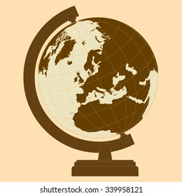 Globe with continents, oceans and seas with stand. A means for learning and acquiring knowledge of geography. School equipment. Vector