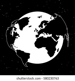 Globe with continents of the world map. Vector surround illustration on black background and particles stars in space