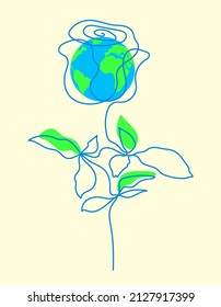 The globe and the contour of a rose, united by a continuous line on a light background
