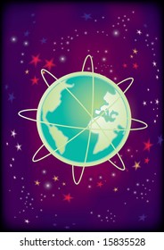 Globe in the cosmos. Editable gradient mesh background.