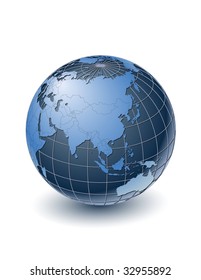 Globe with country borders, centered on Asia. Highly detailed. Separate layers for globe, grid, continents and borders, fully editable.