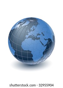 Globe with country borders, centered on Europe. Highly detailed. Separate layers for globe, grid, continents and borders, fully editable.