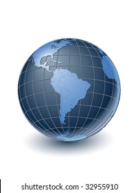 Globe with country borders, centered on South America. Highly detailed. Separate layers for globe, grid, continents and borders, fully editable.