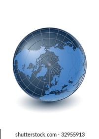 Globe with country borders, centered on the north pole. Highly detailed. Separate layers for globe, grid, continents and borders, fully editable.