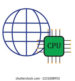 A globe with CPU chip - Concept of globalization of computer microprocessors - Technological Illustration - vector , icon 
