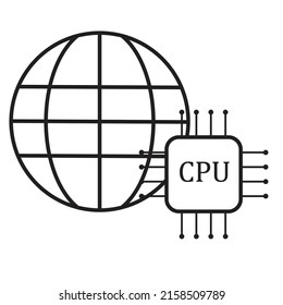 A globe with CPU chip - Concept of globalization of computer microprocessors - Technological Illustration - vector , icon 