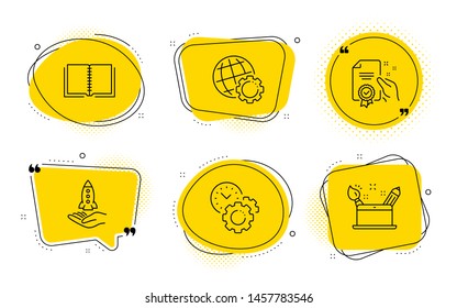 Globe, Crowdfunding and Creativity concept signs. Chat bubbles. Book, Certificate and Time management line icons set. E-learning course, Certified guarantee, Settings. Internet settings. Vector
