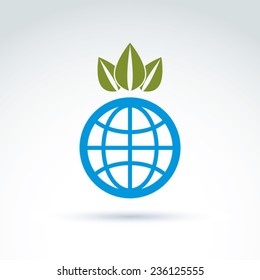 Globe with crown of leaves growing icon, ecological environment theme concept, vector conceptual unusual symbol for your design.