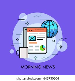 Globe, cup of coffee and electronic newspaper displayed on tablet screen. Morning news, online publication concept. Vector illustration for banner, brochure, website, print, presentation, poster.