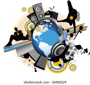 Globe with dancing youth men. Music city. All elements and textures are individual objects. Vector illustration scale to any size.