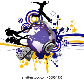 Globe with dancing youth men and women. Music city. All elements and textures are individual objects. Vector illustration scale to any size.