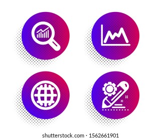 Globe, Data analysis and Diagram icons simple set. Halftone dots button. Project edit sign. Internet world, Magnifying glass, Growth graph. Settings. Science set. Classic flat globe icon. Vector