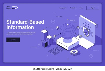 Globo con bloques de datos y política de seguridad sobre fondo púrpura. Plantilla isométrica de la página de destino de información basada en estándares. Tecnología de ciberseguridad Ilustración vectorial 3D para página de Web