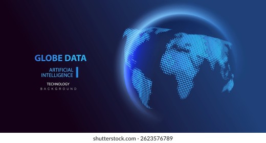Globe data world map. Globe Ai halftone background. Round particles dots technology banner. Artificial Intelligence futuristic sphere network connect vector design.