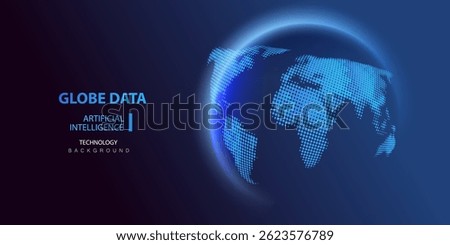 Globe data world map. Globe Ai halftone background. Round particles dots technology banner. Artificial Intelligence futuristic sphere network connect vector design.