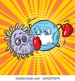 The globe defeated the coronavirus. Cartoon funny globe sends the virus Covid 19 knocked out. Comic style drawing.