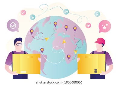 Globe with destination dots in background. Two couriers holding cardboard boxes. Company engaged in delivery worldwide. Concept of delivery service and transportation company. Flat vector illustration