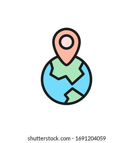 Globe with destination mark, location pin on earth flat color line icon.