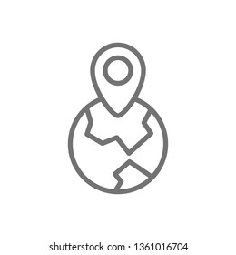 Globe with destination mark, navigation, location pin on earth line icon.