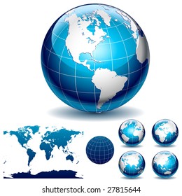 Globe and detail map of the world. Different views. Vector Illustration