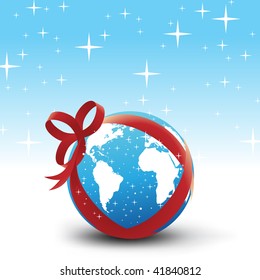 Globe and detail map of the world packed as a Christmas present with a blue  Christmas-mood background