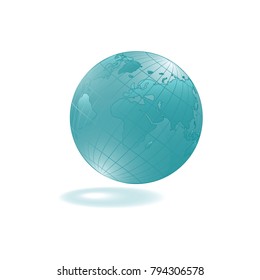 Globe with detailed world map, turquoise color, with shadow and glare - isolated on white background - Illustration Vector illustration