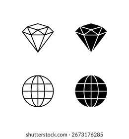 Coleção de Ícones Globo e Diamante em Estilo Sólido e Linha