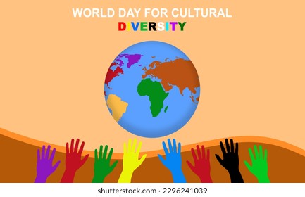 globe with different color map and human hands of different colors on light brown background commemorating WORLD DAY FOR CULTURAL DIVERSITY – May 21