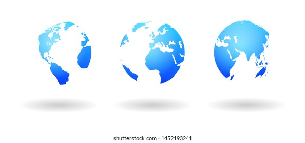 Globe in different positions. World map. Countries and Continents.