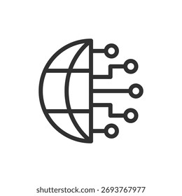 Globo com conexões digitais, ícone linear. Rede global e transformação digital. Linha com traçado editável.
