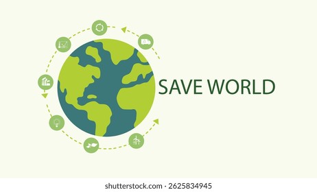 Globe with digital icons and message SAVE WORLD. Ecology concept, Environmental technology concept, green technology. Flat design
