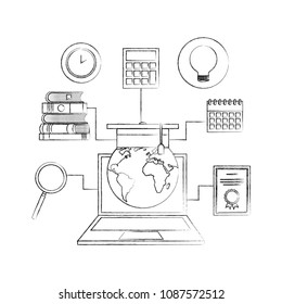 globe diploma calendar idea books on a laptop of e-learning in