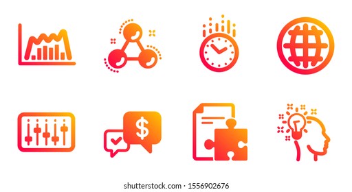 Globe, Dj controller and Chemistry molecule line icons set. Payment received, Strategy and Time signs. Infographic graph, Idea symbols. Internet world, Musical device. Education set. Vector