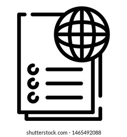 Globe and documents icon. Outline globe and documents vector icon for web design isolated on white background