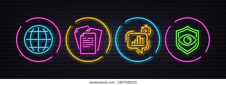 Globe, Documents and Statistics timer minimal line icons. Neon laser 3d lights. Eye detect icons. For web, application, printing. Internet world, Office file, Growth chart. Retina check. Vector