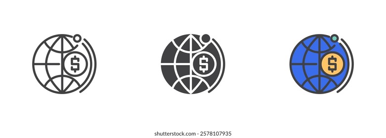 Globe and dollar coin different style icon set. Line, glyph and filled outline colorful version, outline and filled vector sign. Global wealth symbol, logo illustration. Vector graphics