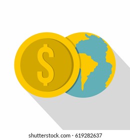 Globe and dollar coin icon. Flat illustration of globe and dollar coin vector icon for web