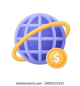 Globe with dollar coin. Internet banking and finance, global business, money transaction concept. 3d vector icon. Cartoon minimal style.