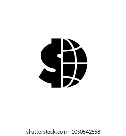 Globe with Dollar. Flat Vector Icon. Simple black symbol on white background